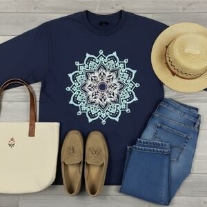 Navy Mandala Long Sleeve Shirt • Boho Yoga Tee • Spiritual Graphic Top